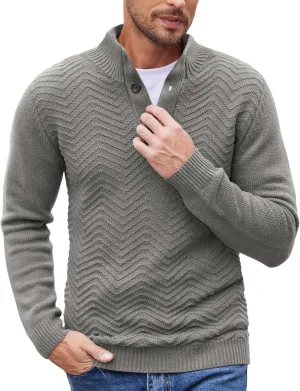 COOFANDY Men Quarter Button Sweater Pullover Cable Knit Henley Mock Neck Sweater