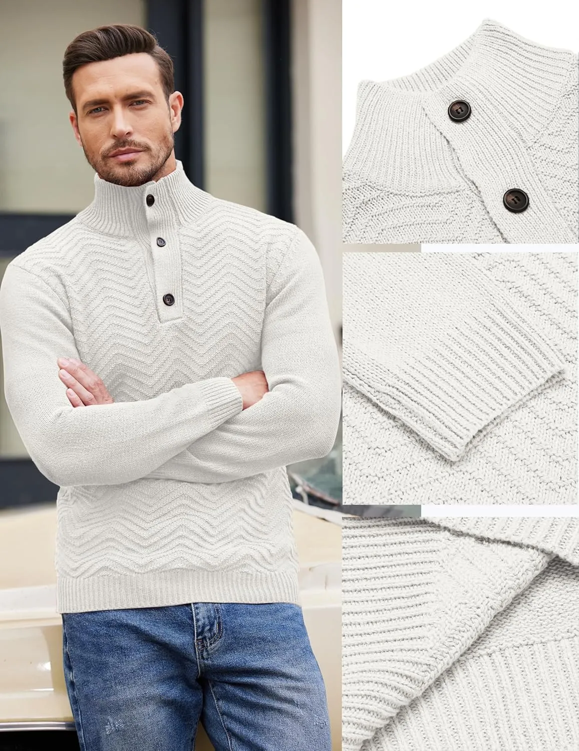 COOFANDY Men Quarter Button Sweater Pullover Cable Knit Henley Mock Neck Sweater