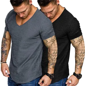 COOFANDY Mens 2 Pack Muscle V Neck T Shirt Fitted Gym Workout Short Sleeve Bodybuilding Tee