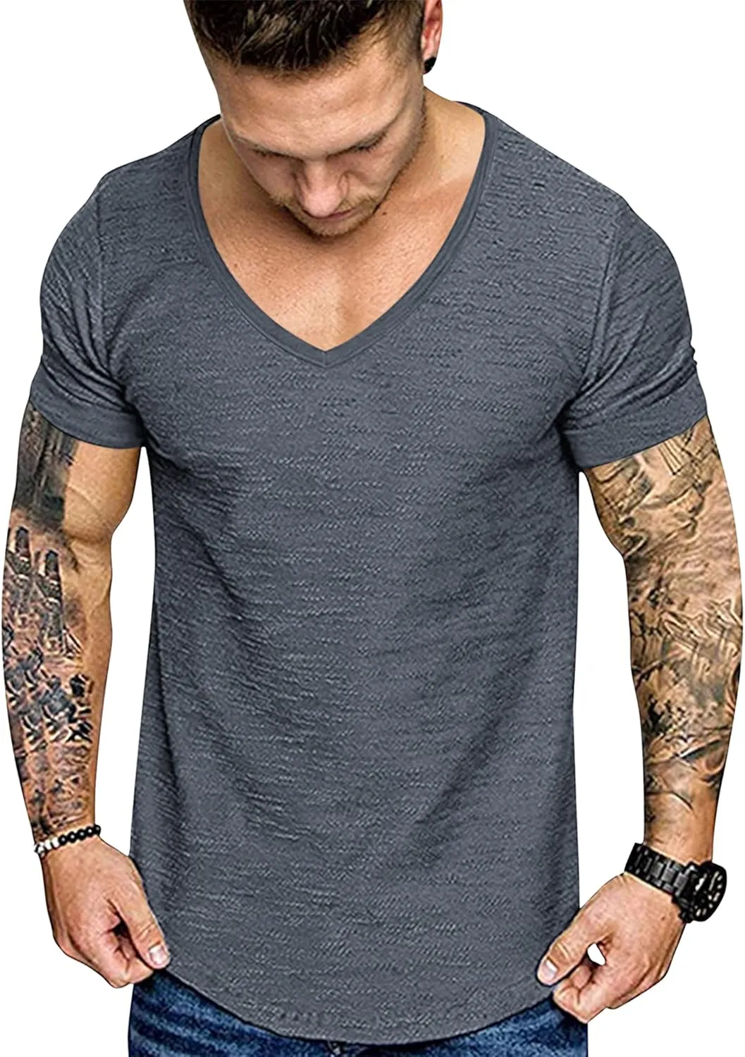 COOFANDY Mens 2 Pack Muscle V Neck T Shirt Fitted Gym Workout Short Sleeve Bodybuilding Tee
