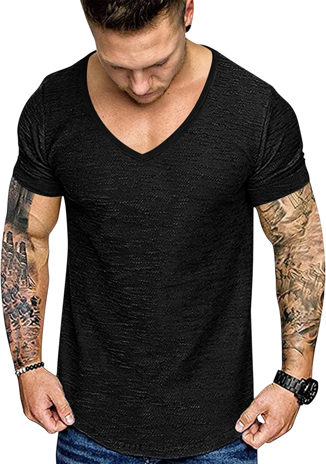 COOFANDY Mens 2 Pack Muscle V Neck T Shirt Fitted Gym Workout Short Sleeve Bodybuilding Tee