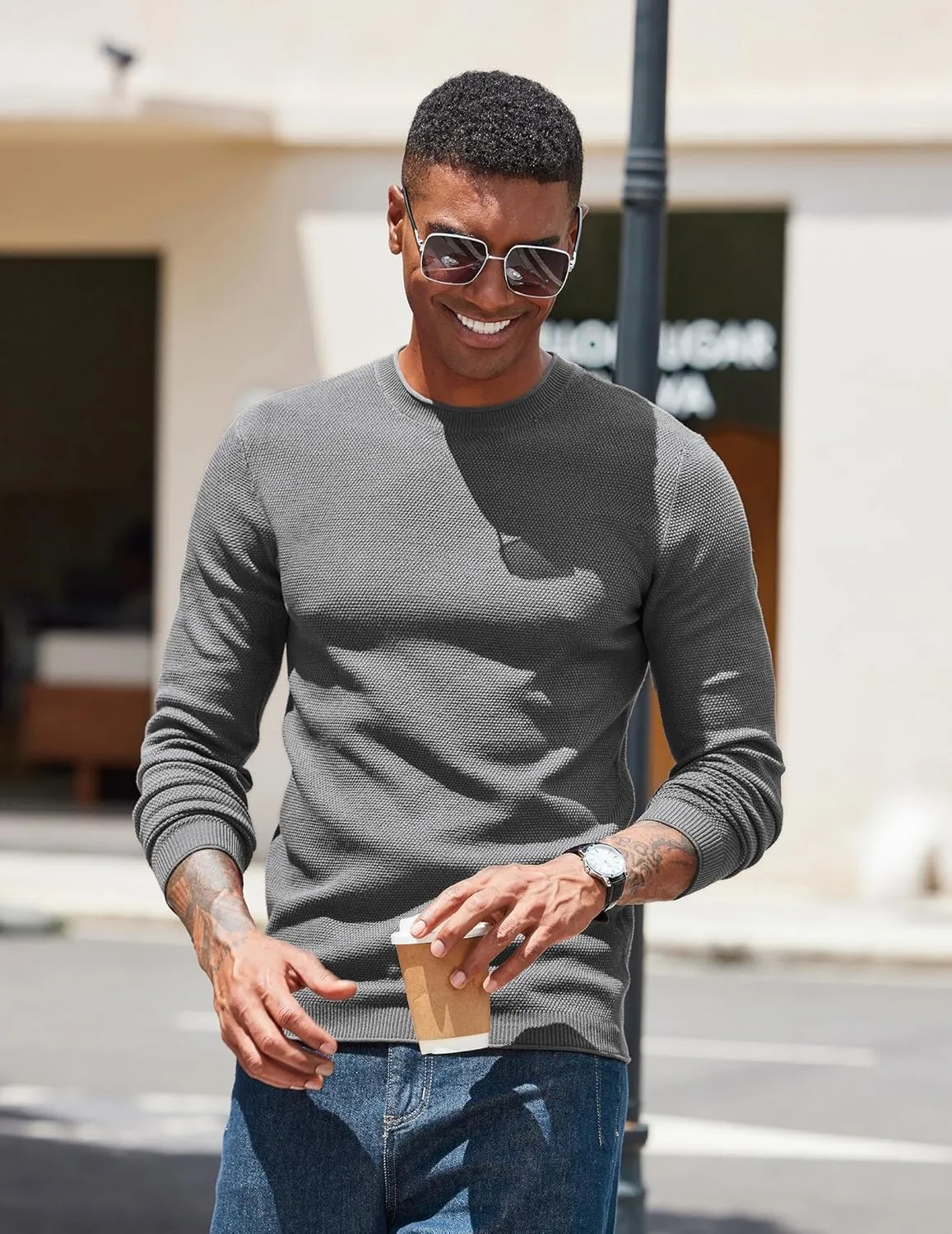 COOFANDY Mens Dress Pullover Sweater Lightweight Waffle Knit Sweater Slim Fit Crewneck Business Casual Sweater