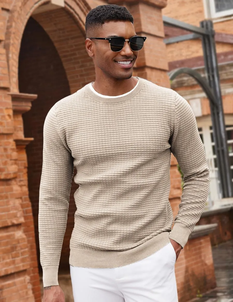 COOFANDY Mens Pullover Sweater Waffle Knit Crewneck Long Sleeve Dress Sweater