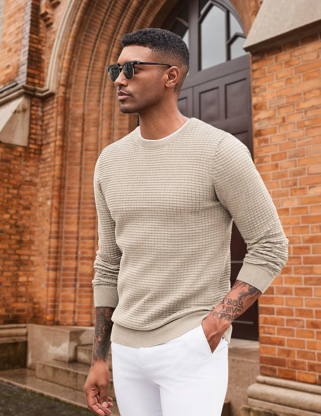 COOFANDY Mens Pullover Sweater Waffle Knit Crewneck Long Sleeve Dress Sweater
