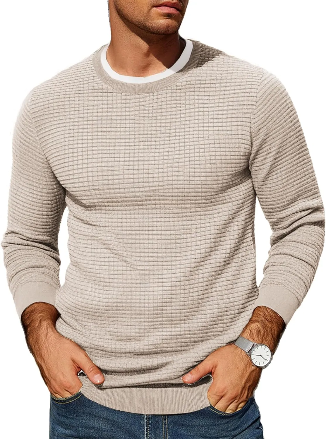 COOFANDY Mens Pullover Sweater Waffle Knit Crewneck Long Sleeve Dress Sweater
