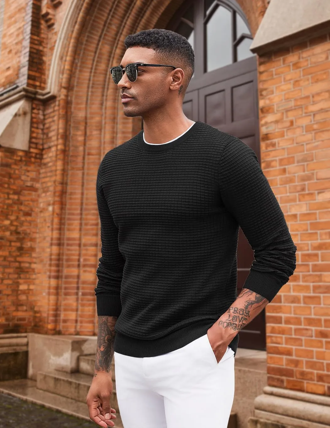 COOFANDY Mens Pullover Sweater Waffle Knit Crewneck Long Sleeve Dress Sweater