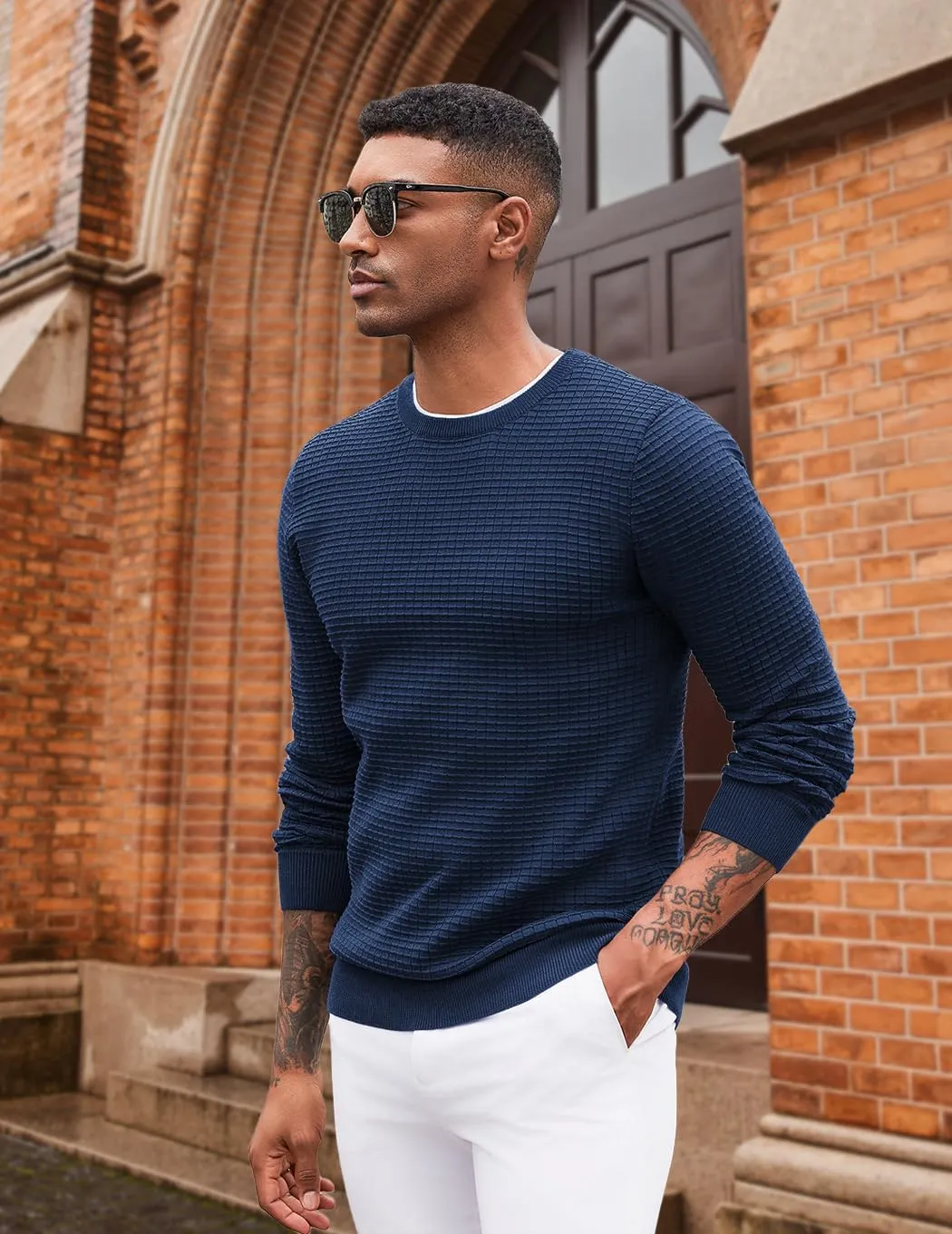 COOFANDY Mens Pullover Sweater Waffle Knit Crewneck Long Sleeve Dress Sweater