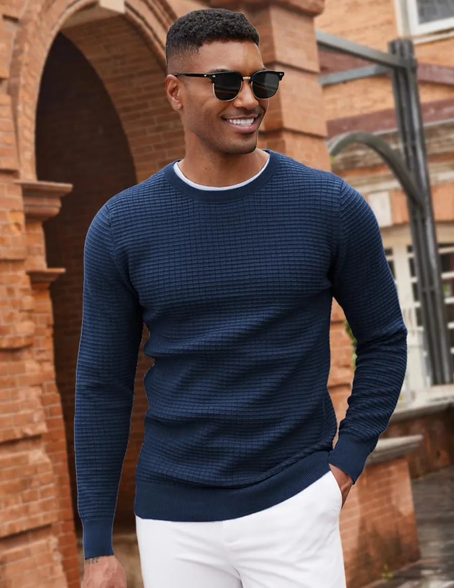COOFANDY Mens Pullover Sweater Waffle Knit Crewneck Long Sleeve Dress Sweater