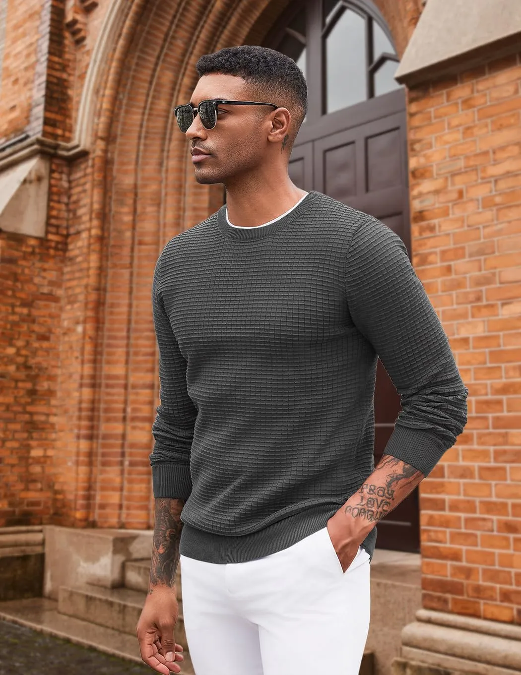 COOFANDY Mens Pullover Sweater Waffle Knit Crewneck Long Sleeve Dress Sweater