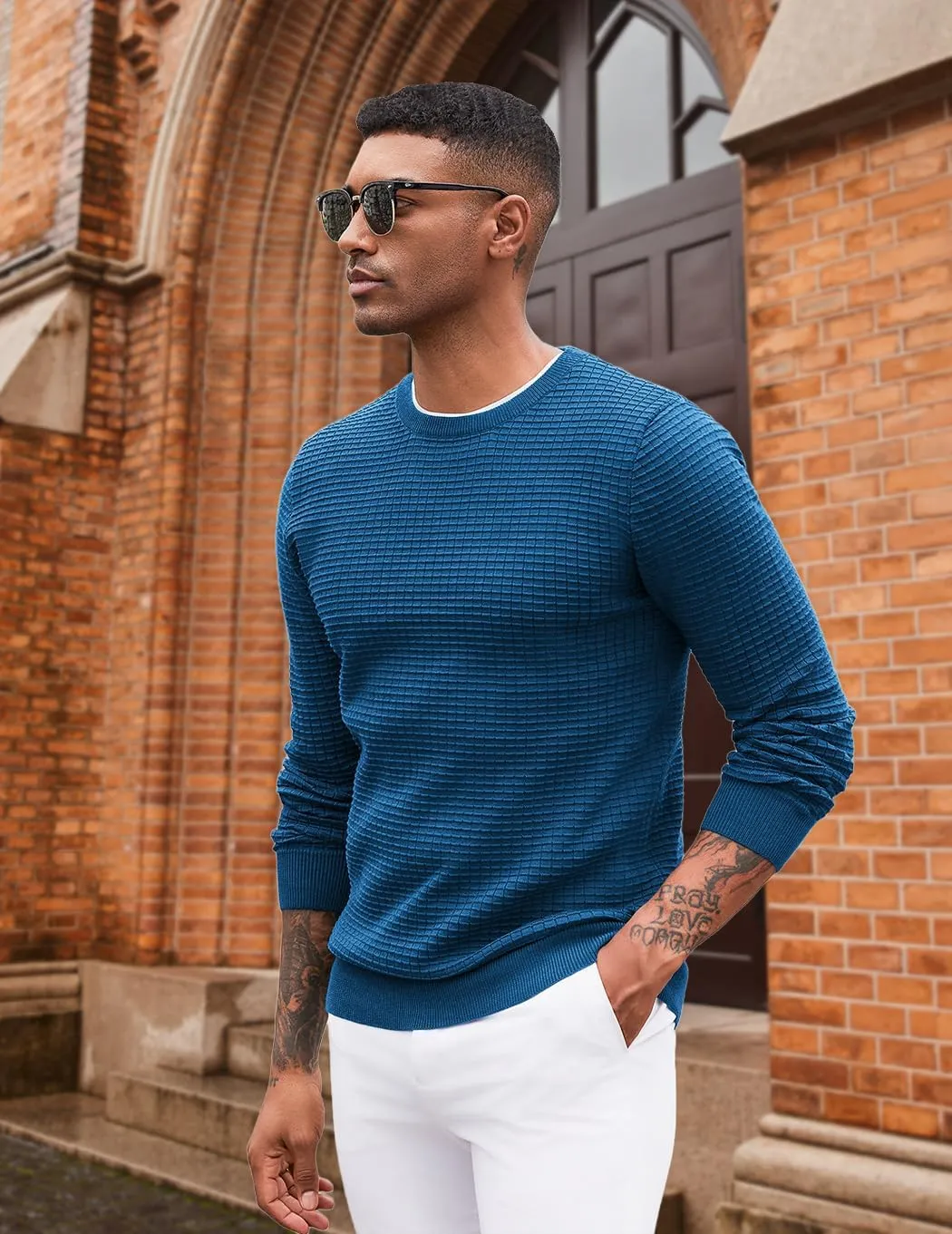 COOFANDY Mens Pullover Sweater Waffle Knit Crewneck Long Sleeve Dress Sweater