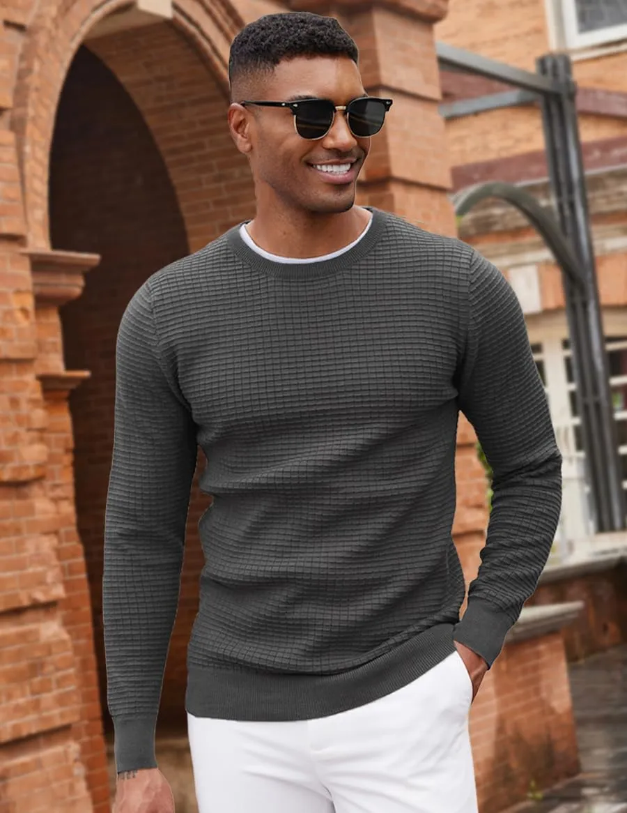 COOFANDY Mens Pullover Sweater Waffle Knit Crewneck Long Sleeve Dress Sweater