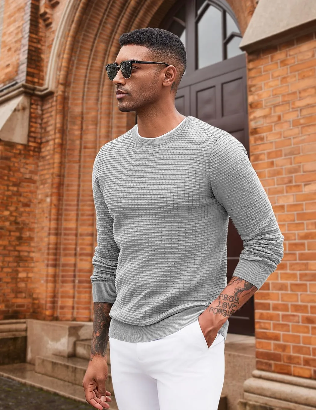 COOFANDY Mens Pullover Sweater Waffle Knit Crewneck Long Sleeve Dress Sweater