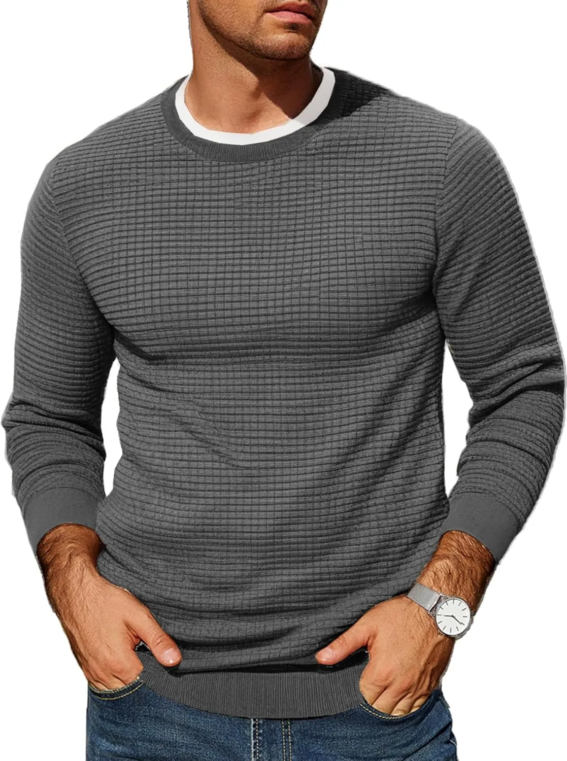 COOFANDY Mens Pullover Sweater Waffle Knit Crewneck Long Sleeve Dress Sweater