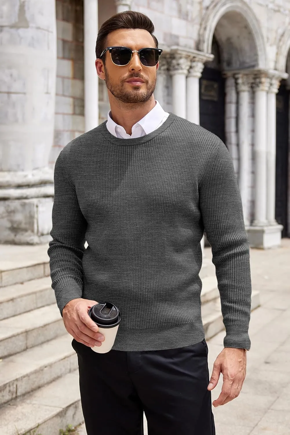 COOFANDY Men's Ribbed Crewneck Sweater Long Sleeve Slim Fit Knitted Pullover Sweater