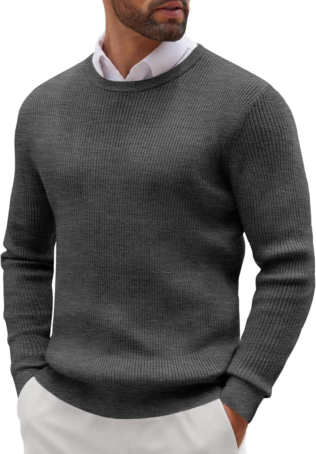 COOFANDY Men's Ribbed Crewneck Sweater Long Sleeve Slim Fit Knitted Pullover Sweater
