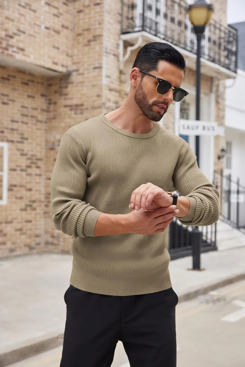 COOFANDY Men's Ribbed Crewneck Sweater Long Sleeve Slim Fit Knitted Pullover Sweater