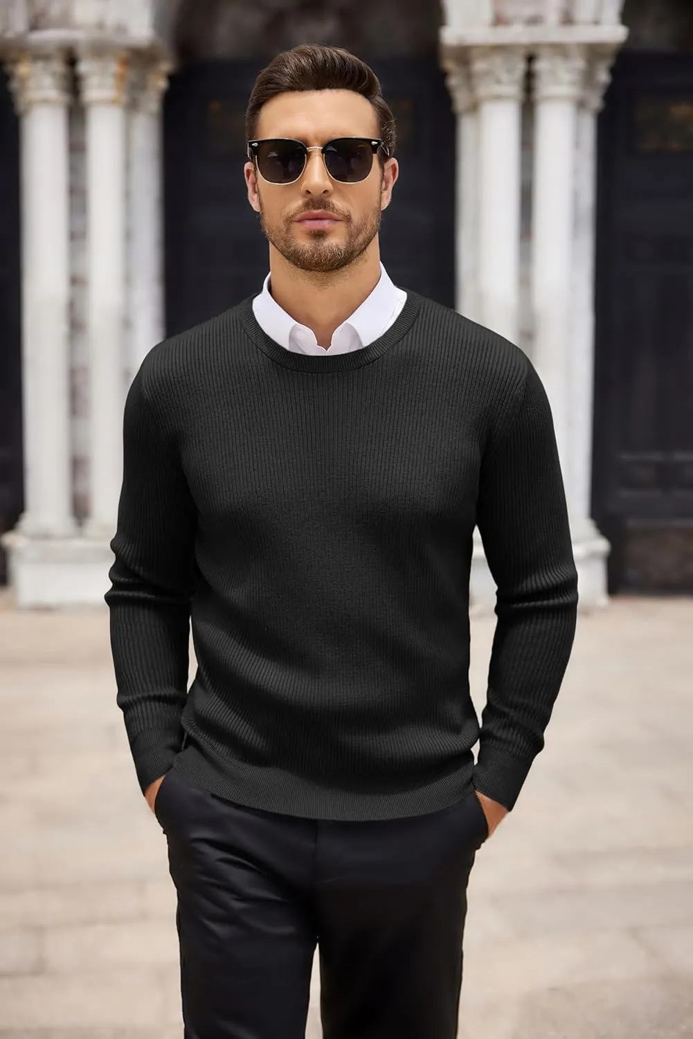 COOFANDY Men's Ribbed Crewneck Sweater Long Sleeve Slim Fit Knitted Pullover Sweater