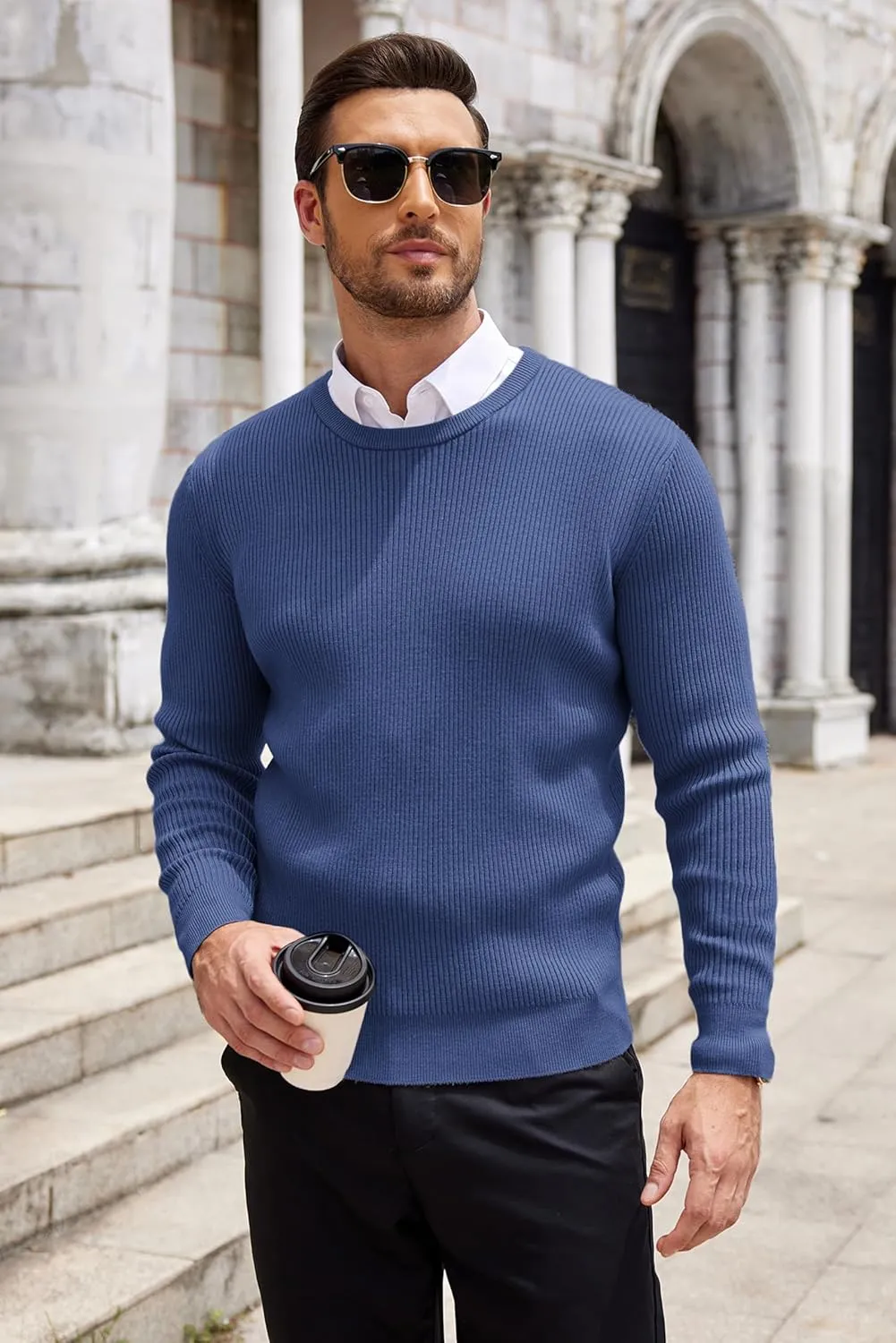 COOFANDY Men's Ribbed Crewneck Sweater Long Sleeve Slim Fit Knitted Pullover Sweater