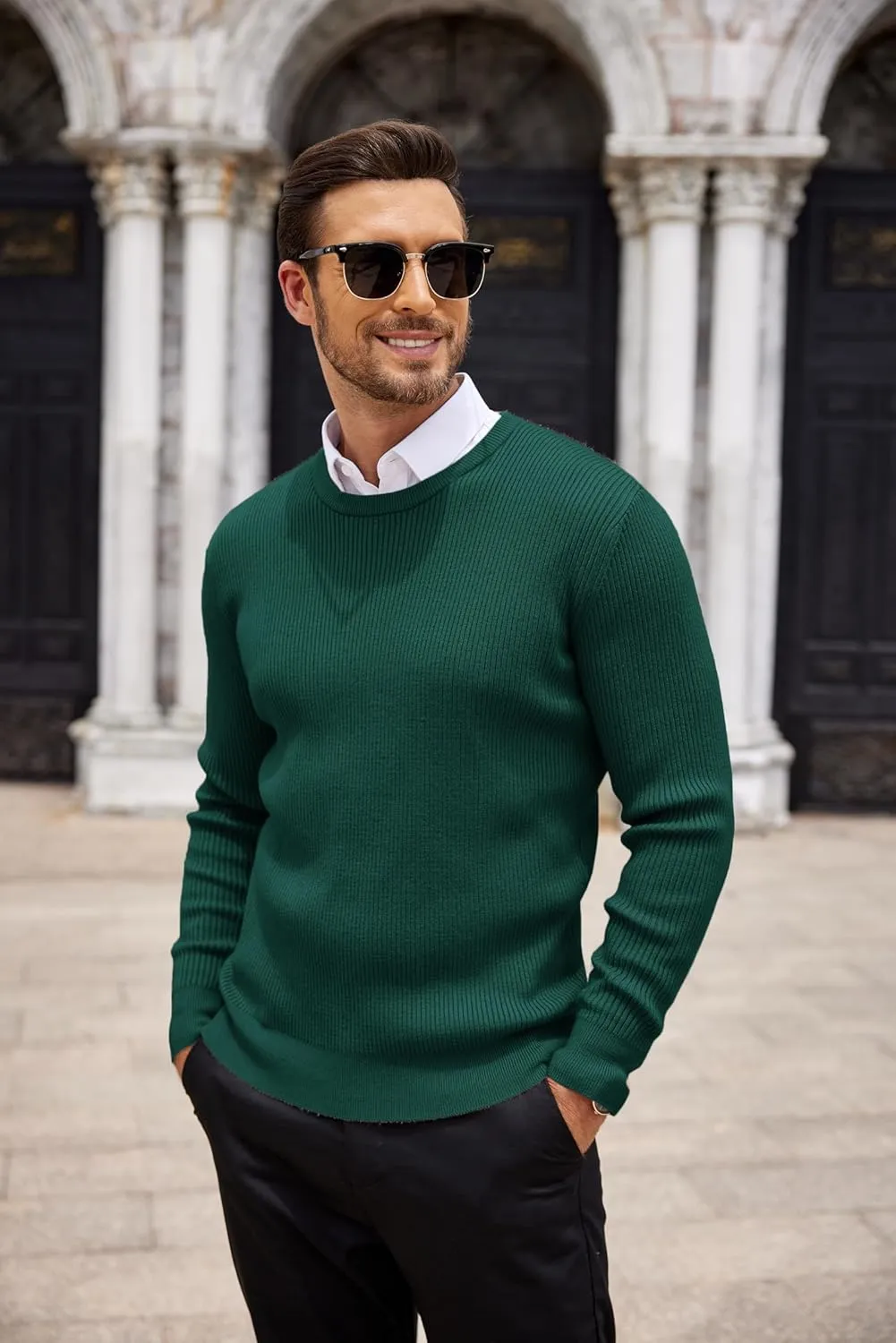 COOFANDY Men's Ribbed Crewneck Sweater Long Sleeve Slim Fit Knitted Pullover Sweater