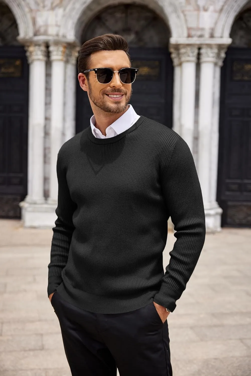 COOFANDY Men's Ribbed Crewneck Sweater Long Sleeve Slim Fit Knitted Pullover Sweater