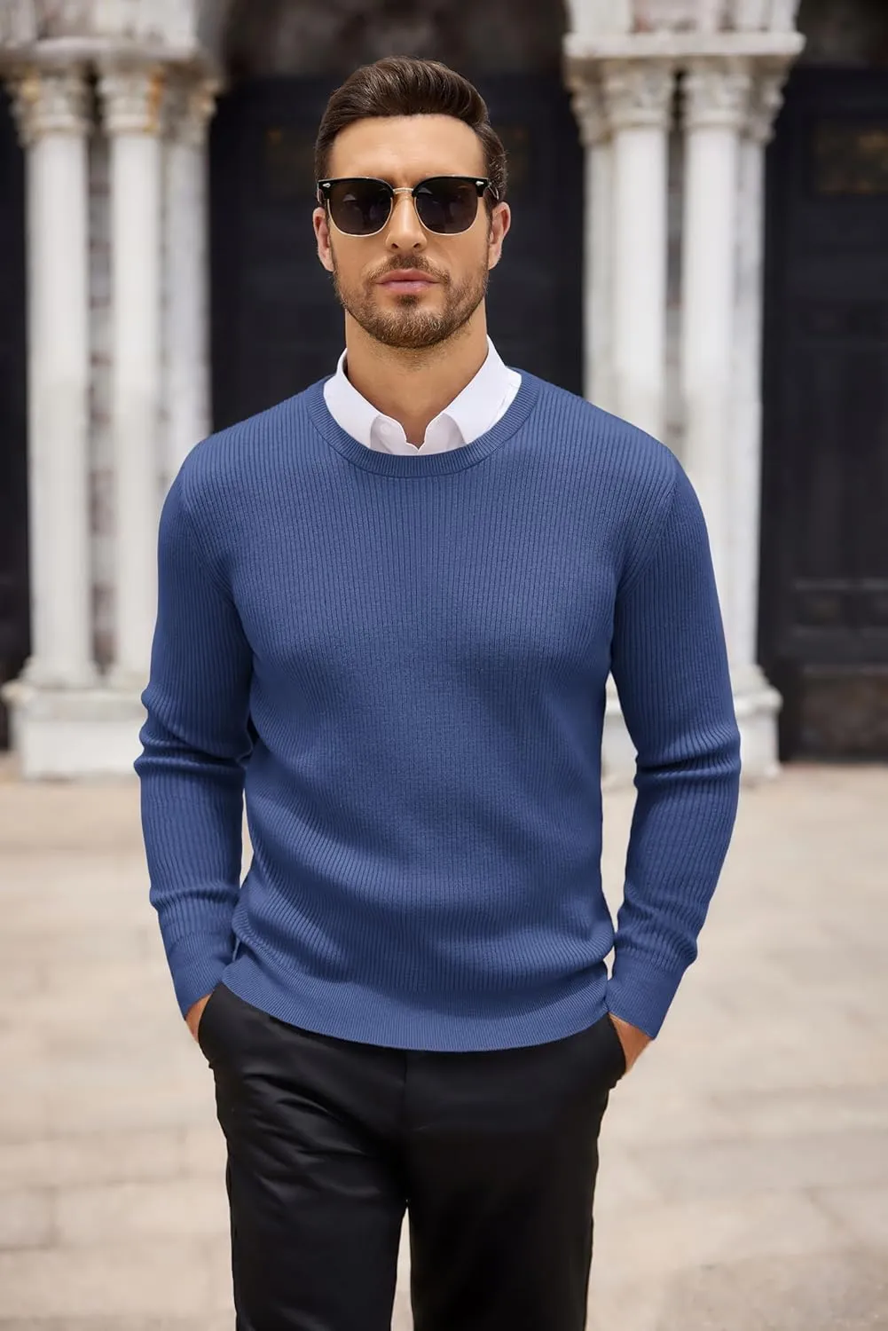 COOFANDY Men's Ribbed Crewneck Sweater Long Sleeve Slim Fit Knitted Pullover Sweater
