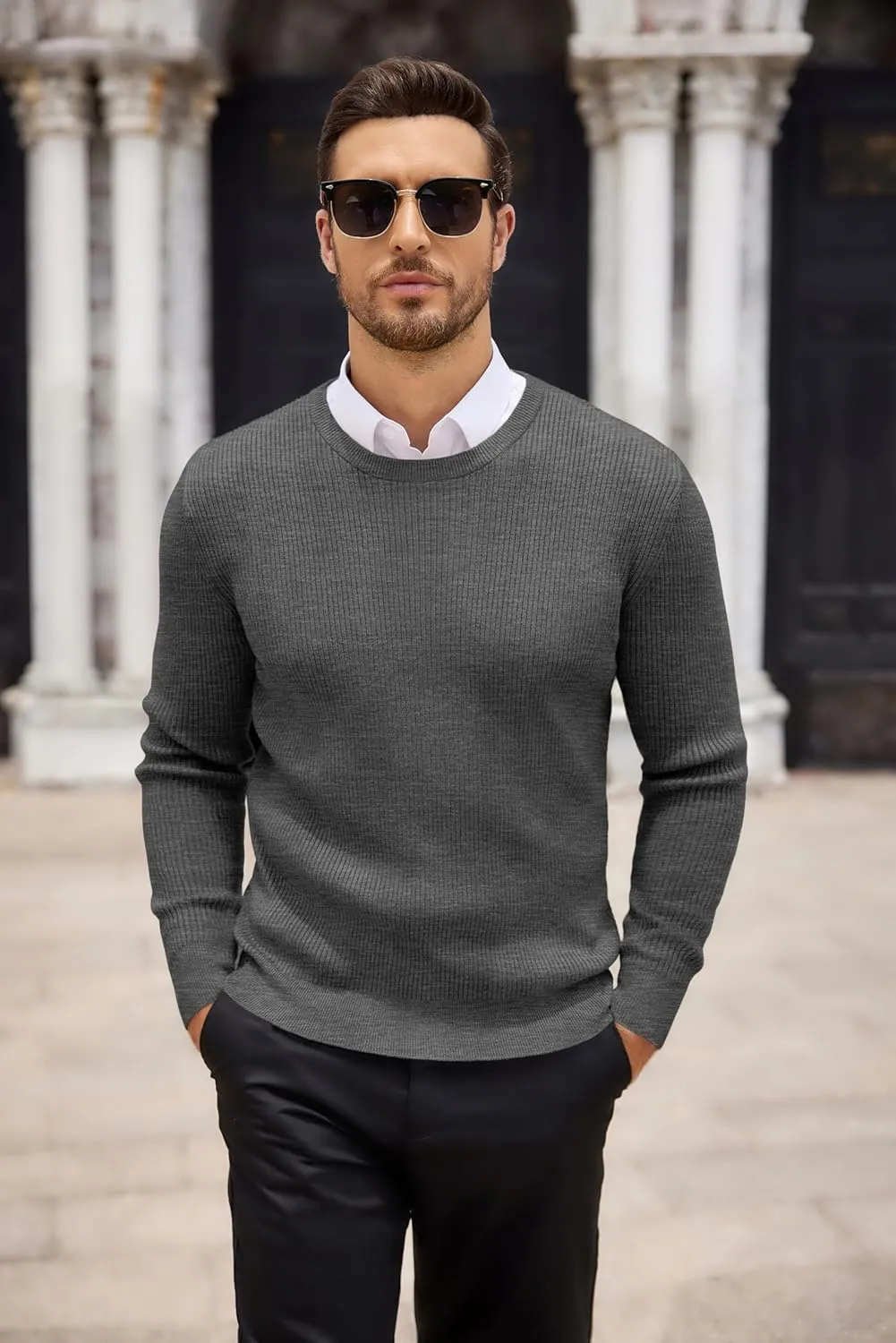 COOFANDY Men's Ribbed Crewneck Sweater Long Sleeve Slim Fit Knitted Pullover Sweater