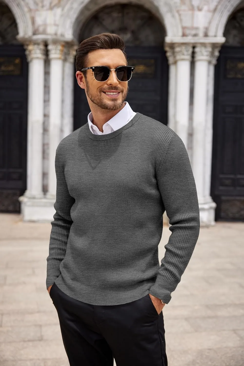 COOFANDY Men's Ribbed Crewneck Sweater Long Sleeve Slim Fit Knitted Pullover Sweater