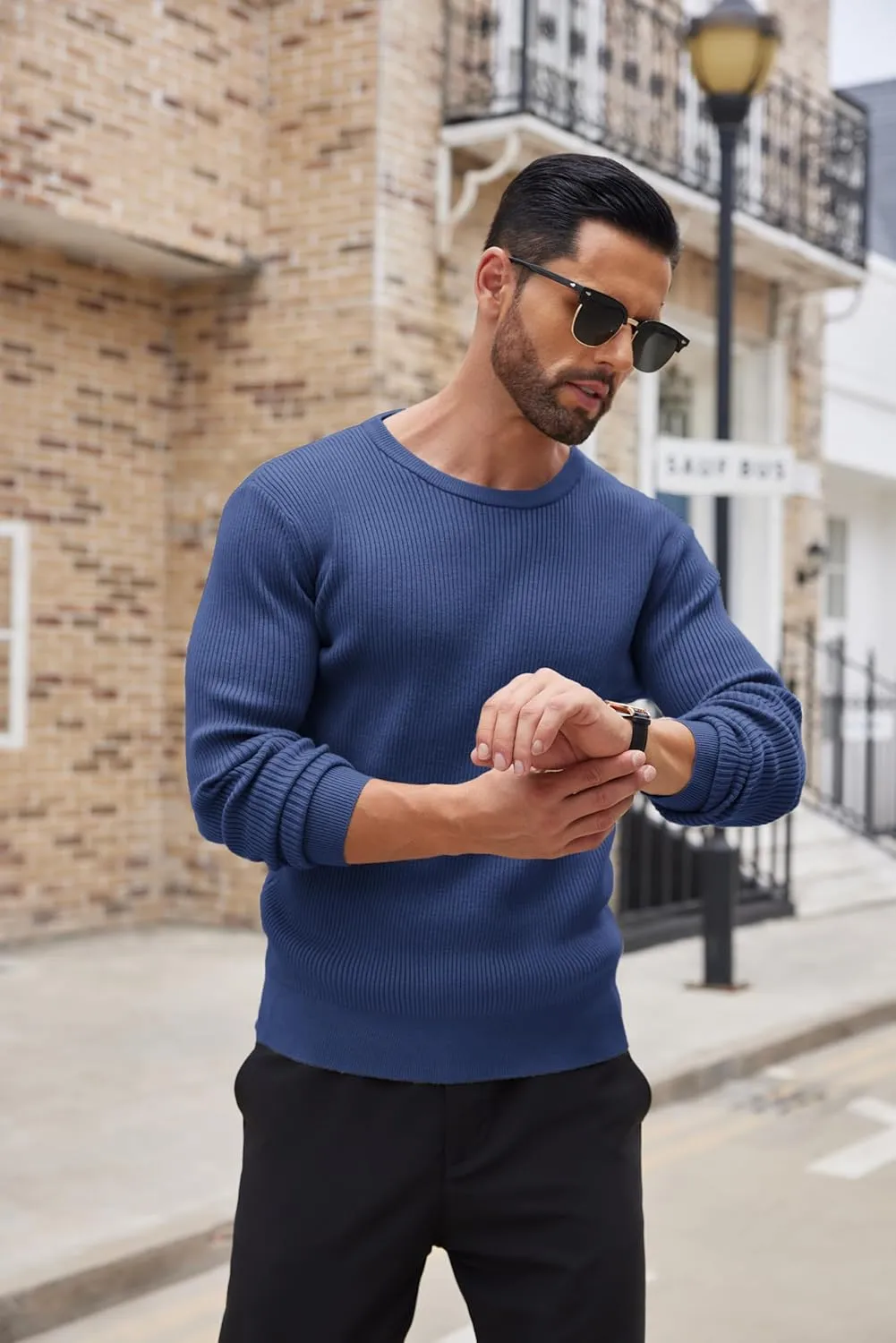 COOFANDY Men's Ribbed Crewneck Sweater Long Sleeve Slim Fit Knitted Pullover Sweater