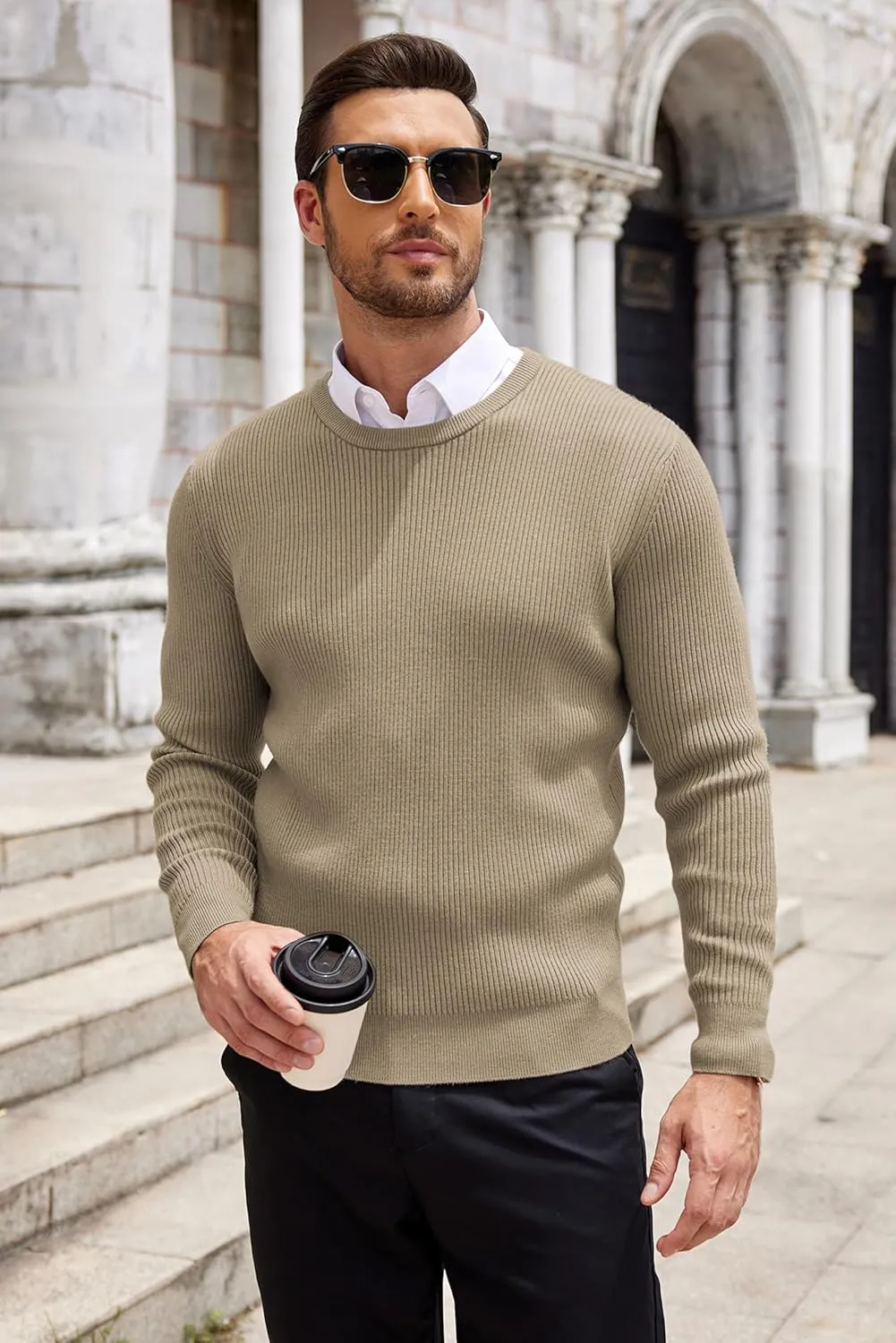 COOFANDY Men's Ribbed Crewneck Sweater Long Sleeve Slim Fit Knitted Pullover Sweater