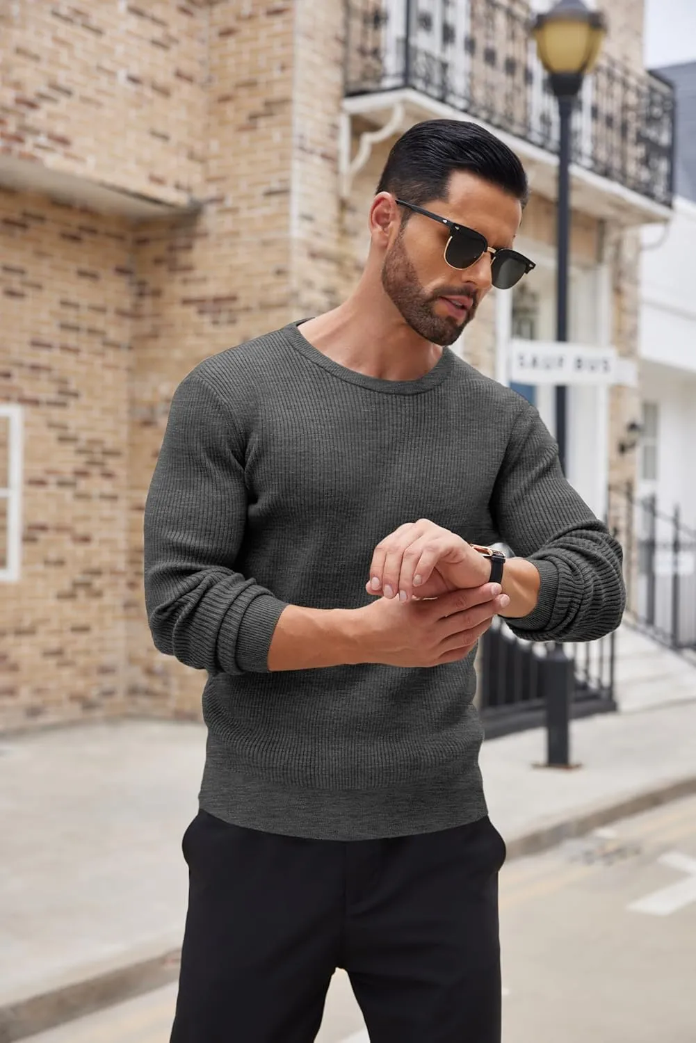 COOFANDY Men's Ribbed Crewneck Sweater Long Sleeve Slim Fit Knitted Pullover Sweater