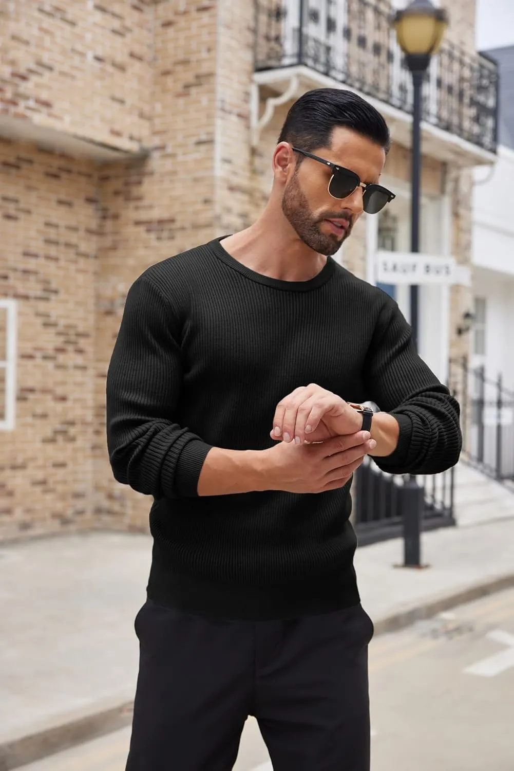 COOFANDY Men's Ribbed Crewneck Sweater Long Sleeve Slim Fit Knitted Pullover Sweater