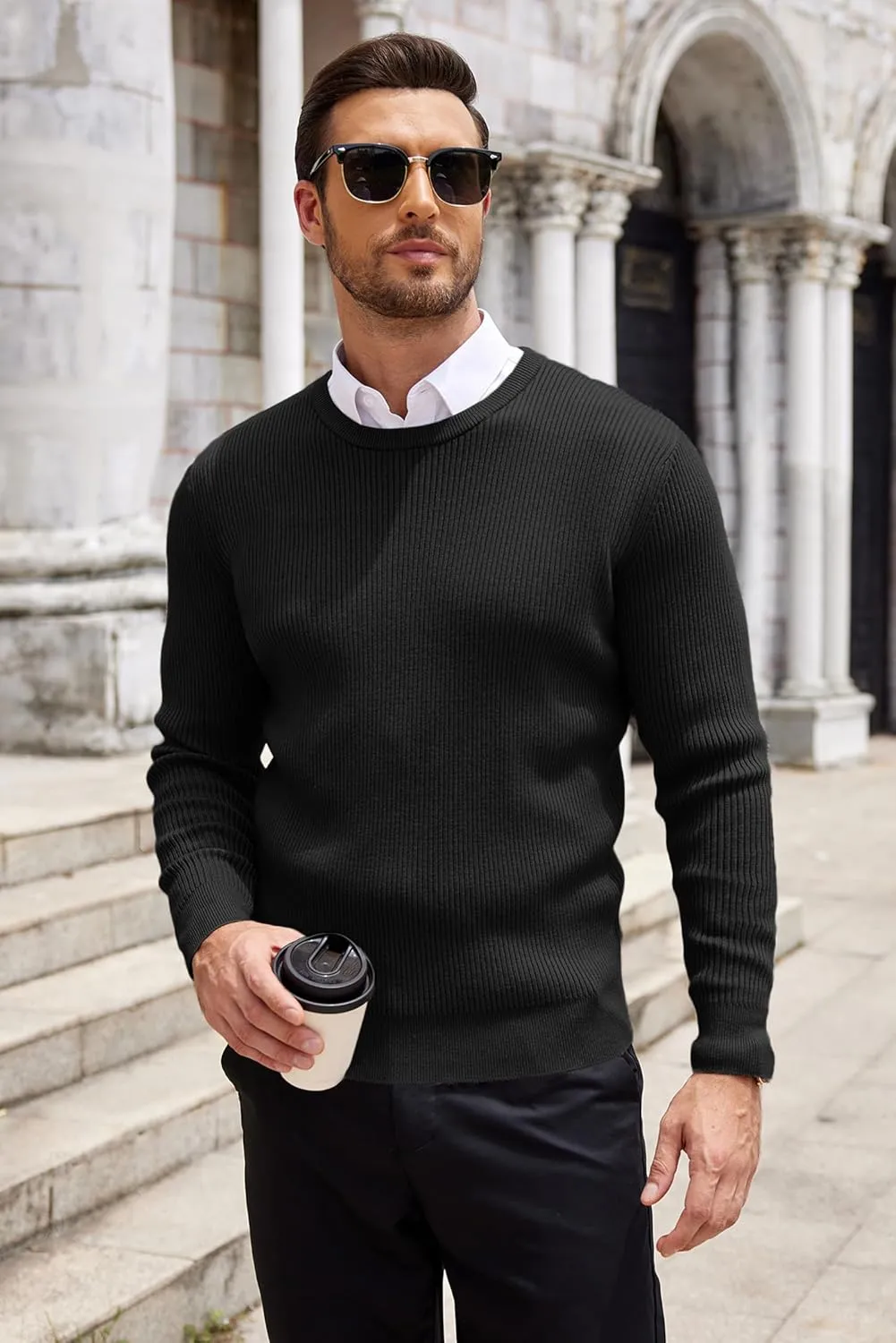 COOFANDY Men's Ribbed Crewneck Sweater Long Sleeve Slim Fit Knitted Pullover Sweater