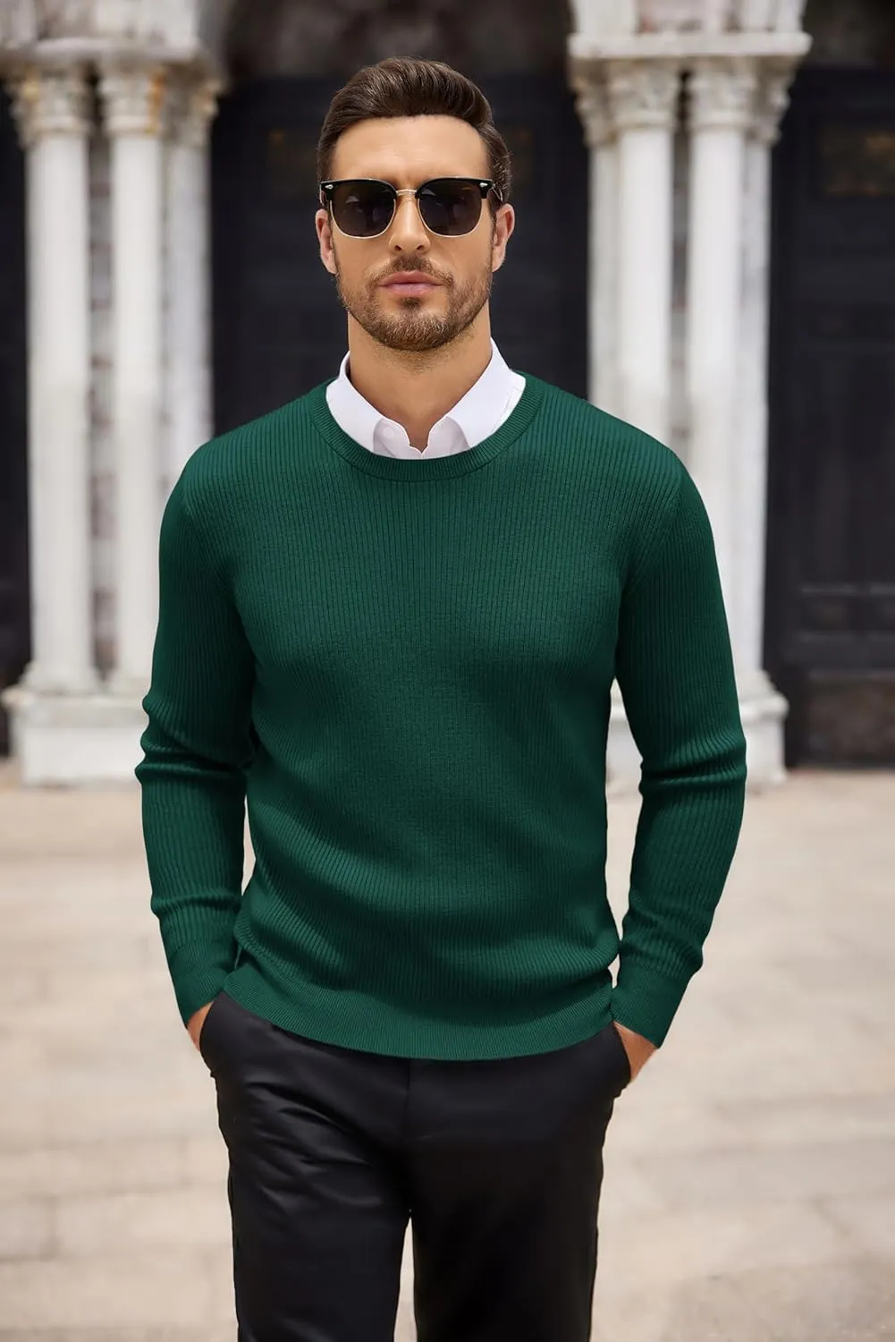 COOFANDY Men's Ribbed Crewneck Sweater Long Sleeve Slim Fit Knitted Pullover Sweater