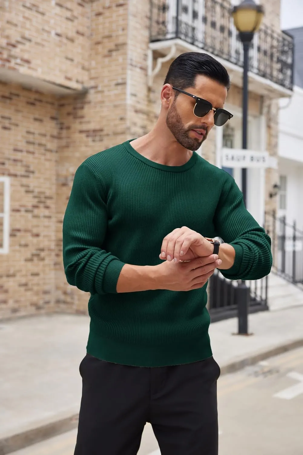 COOFANDY Men's Ribbed Crewneck Sweater Long Sleeve Slim Fit Knitted Pullover Sweater