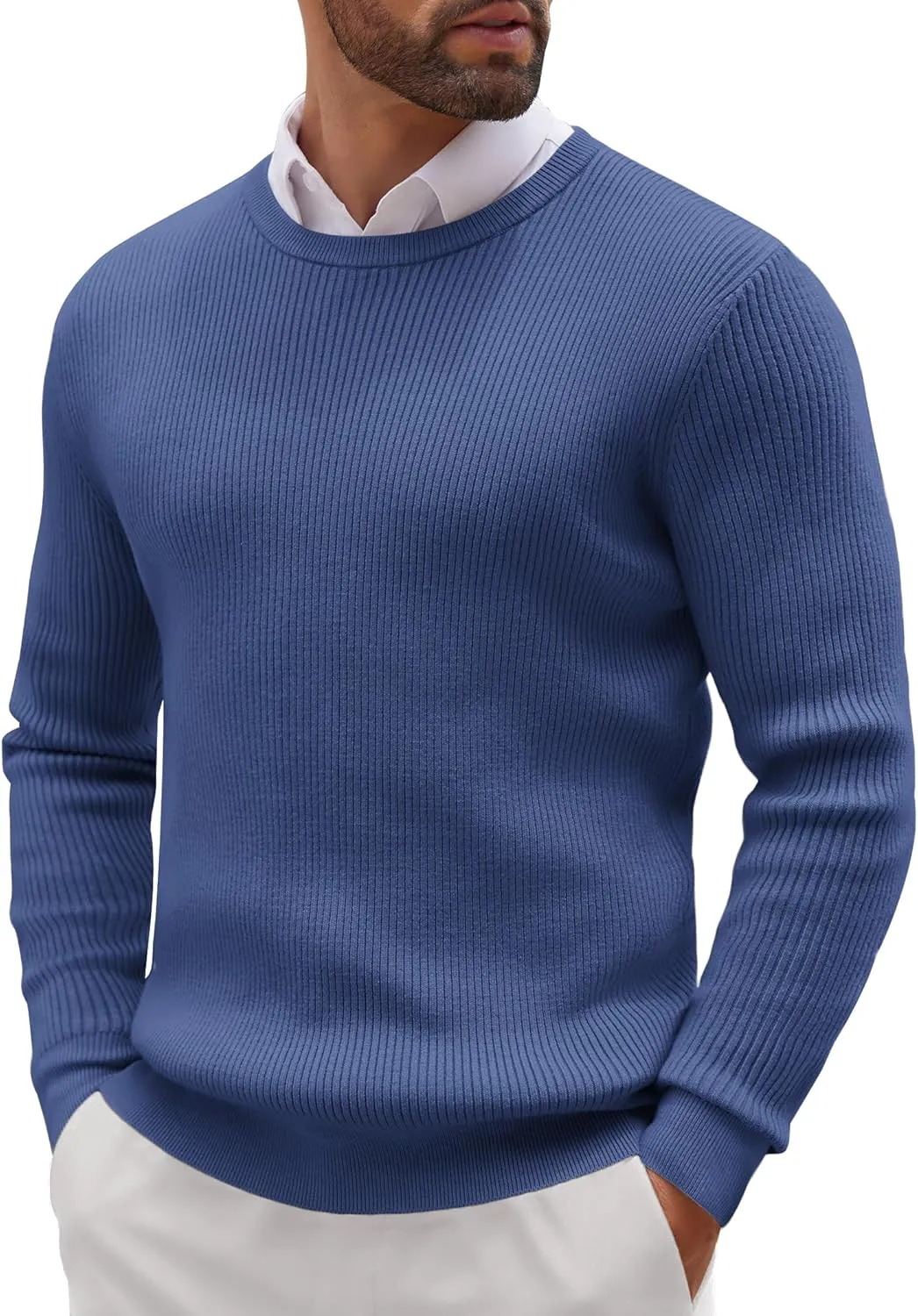 COOFANDY Men's Ribbed Crewneck Sweater Long Sleeve Slim Fit Knitted Pullover Sweater