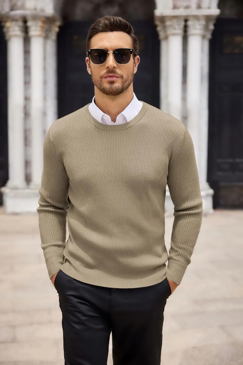 COOFANDY Men's Ribbed Crewneck Sweater Long Sleeve Slim Fit Knitted Pullover Sweater
