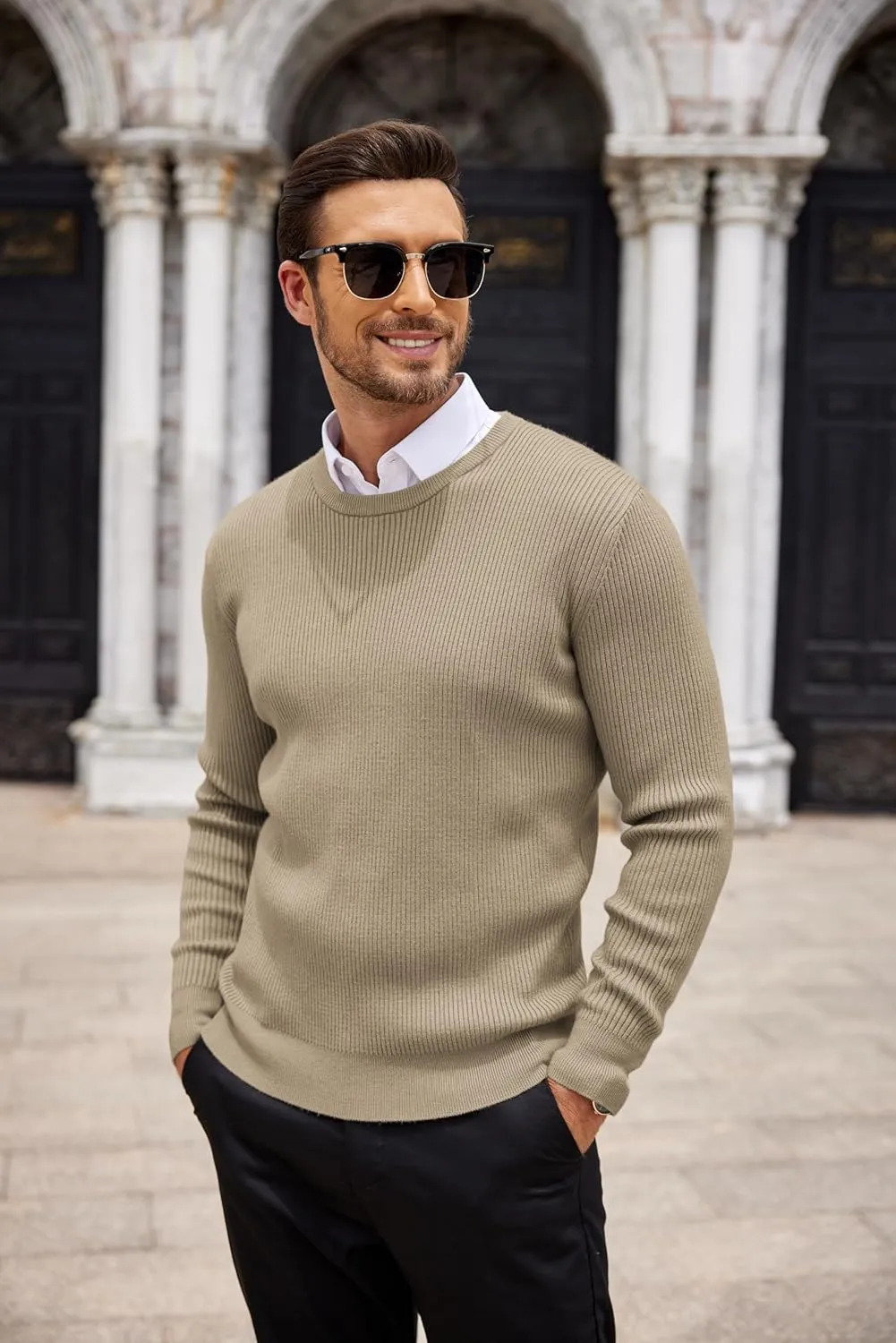 COOFANDY Men's Ribbed Crewneck Sweater Long Sleeve Slim Fit Knitted Pullover Sweater
