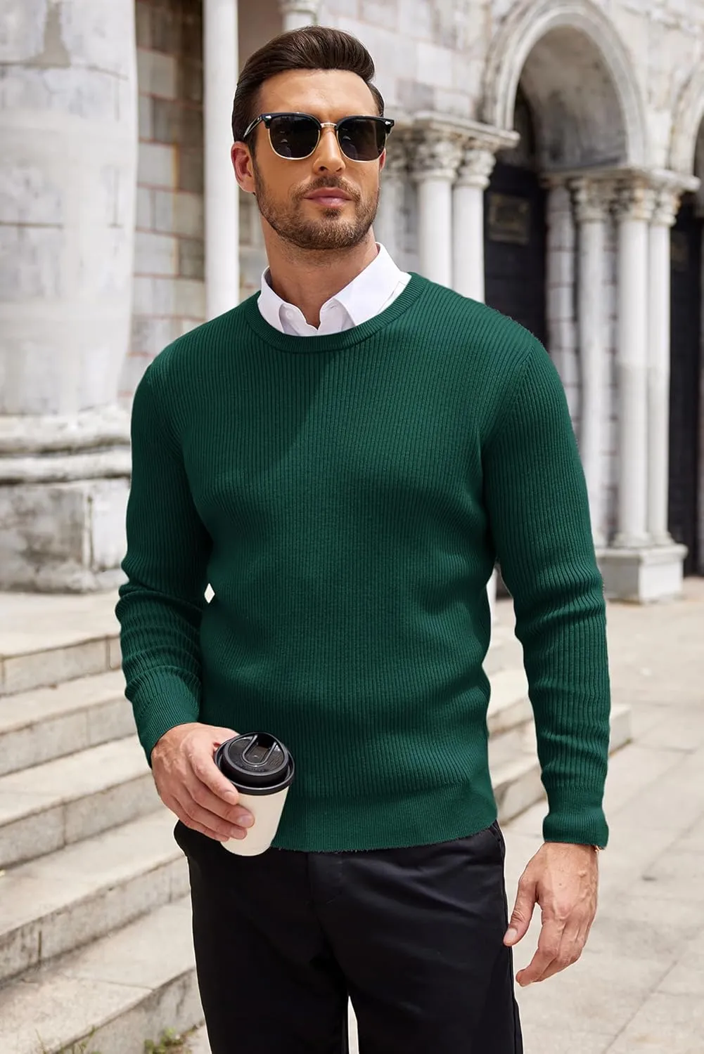 COOFANDY Men's Ribbed Crewneck Sweater Long Sleeve Slim Fit Knitted Pullover Sweater