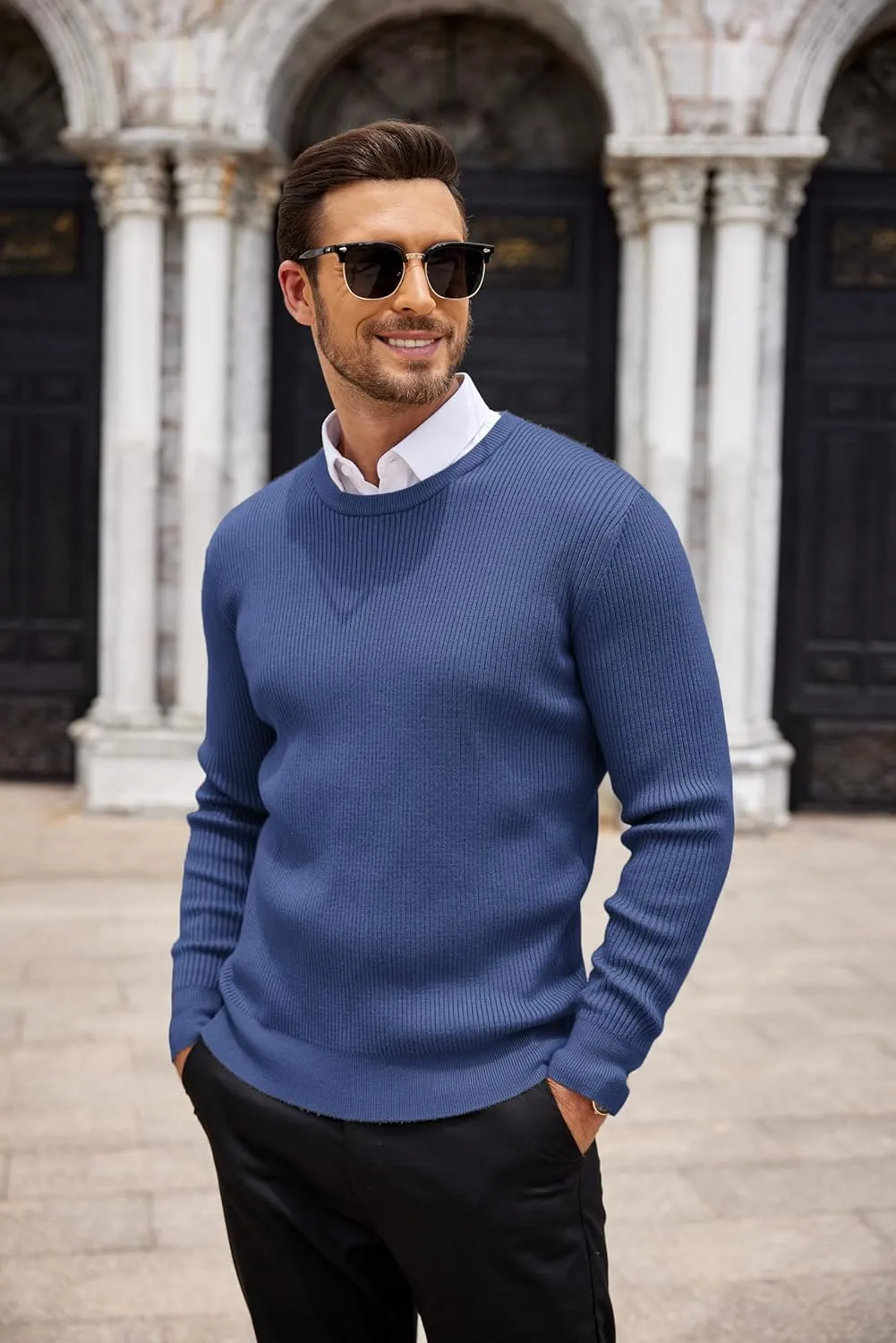 COOFANDY Men's Ribbed Crewneck Sweater Long Sleeve Slim Fit Knitted Pullover Sweater