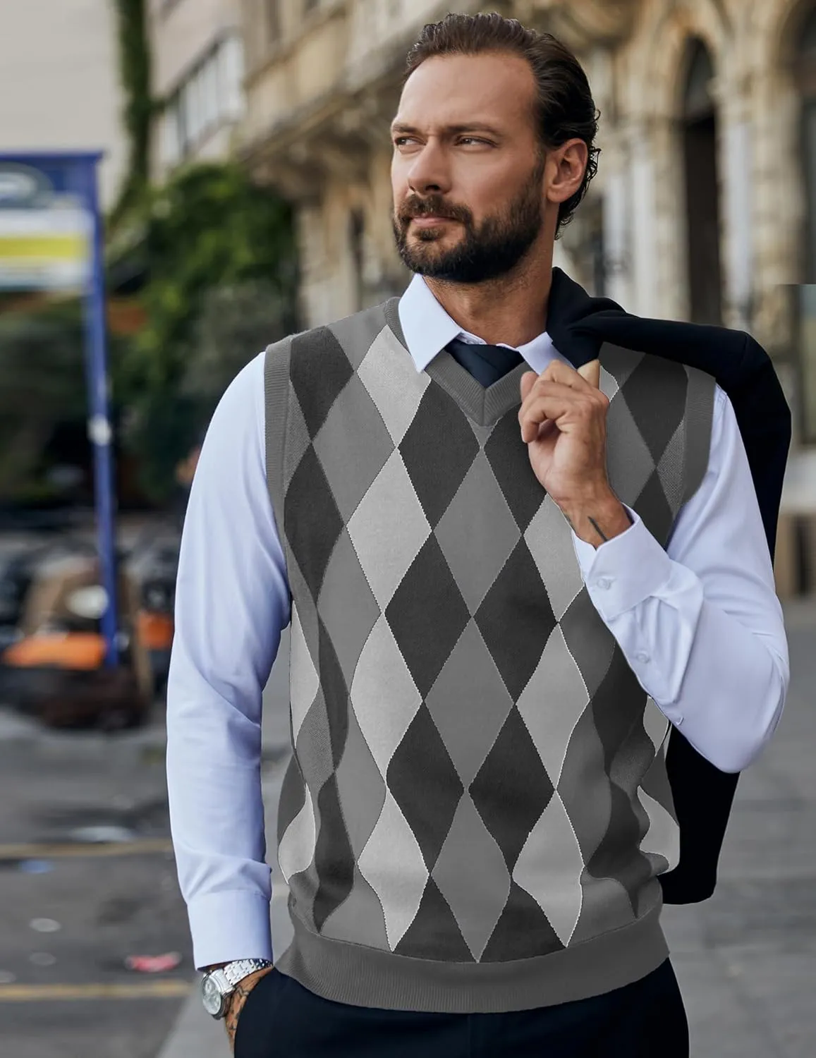 COOFANDY Men's Sleeveless V Neck Pullover Sweater Slim Fit Casual Argyle Sweater Vest
