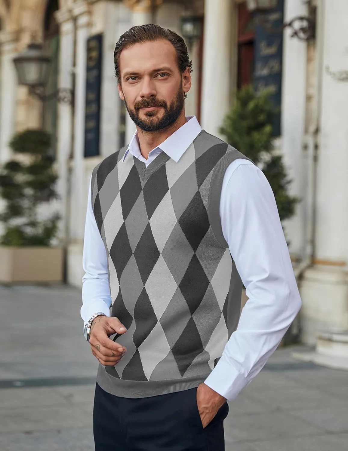 COOFANDY Men's Sleeveless V Neck Pullover Sweater Slim Fit Casual Argyle Sweater Vest