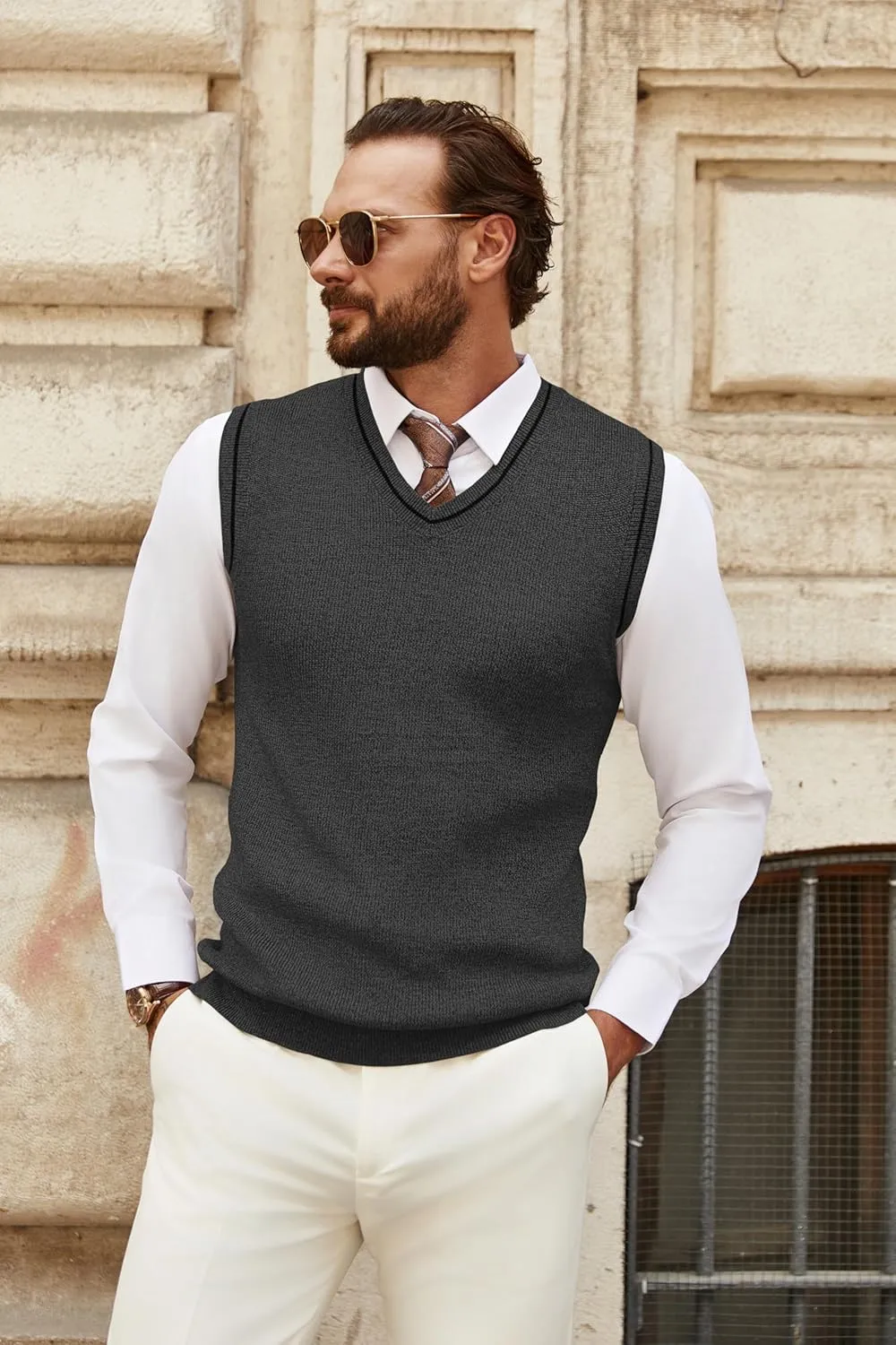 COOFANDY Men's Sweater Vest V Neck Sleeveless Sweater Slim Fit Casual Knitted Pullover Sweater