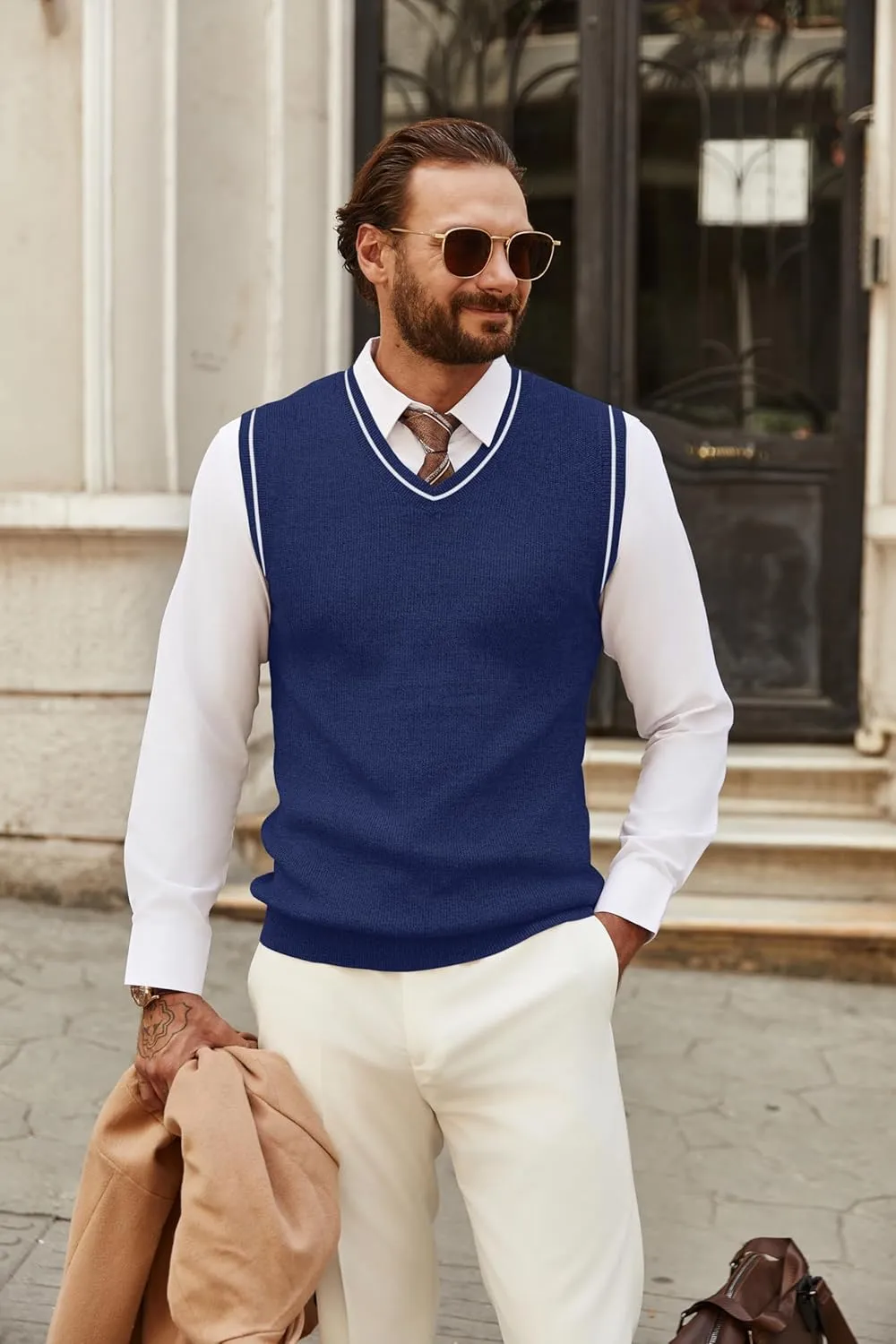 COOFANDY Men's Sweater Vest V Neck Sleeveless Sweater Slim Fit Casual Knitted Pullover Sweater