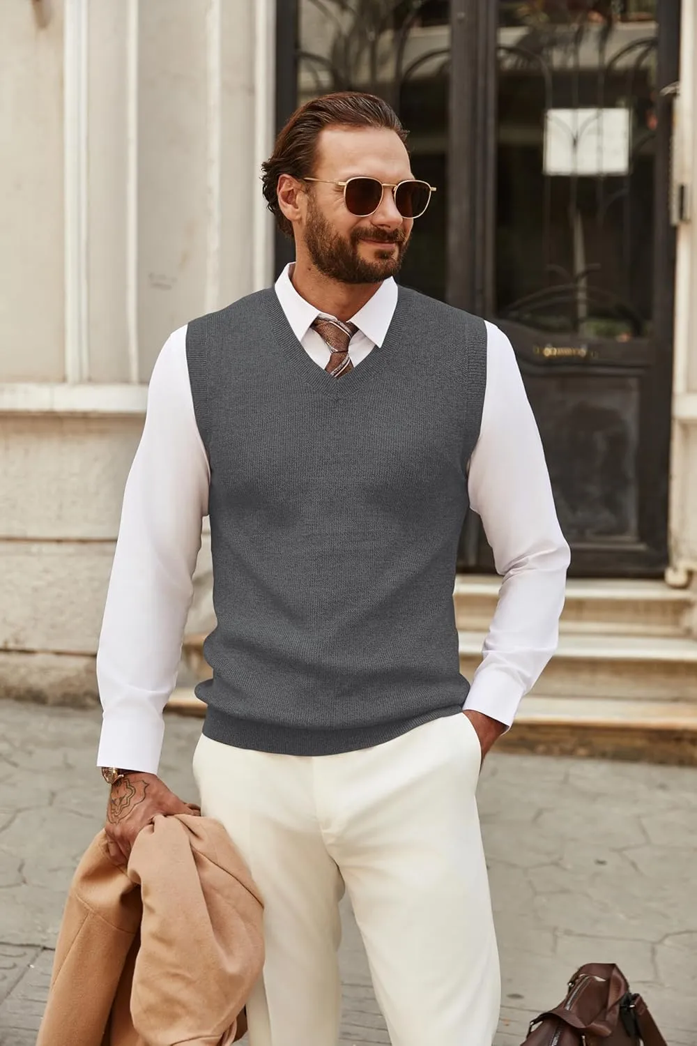 COOFANDY Men's Sweater Vest V Neck Sleeveless Sweater Slim Fit Casual Knitted Pullover Sweater