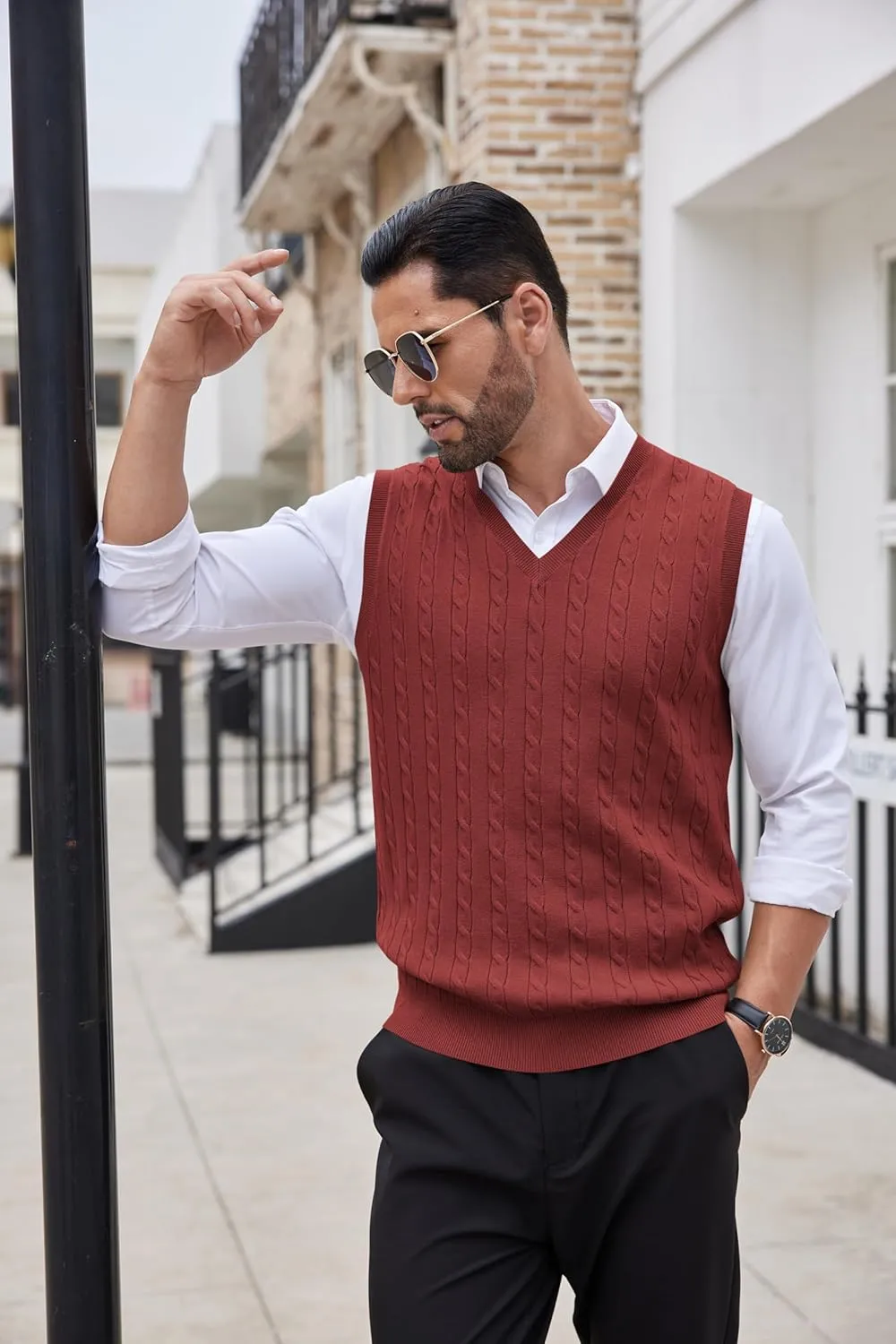 COOFANDY Men's Sweater Vest V Neck Slim Fit Cable Knitted Sleeveless Pullover Sweater