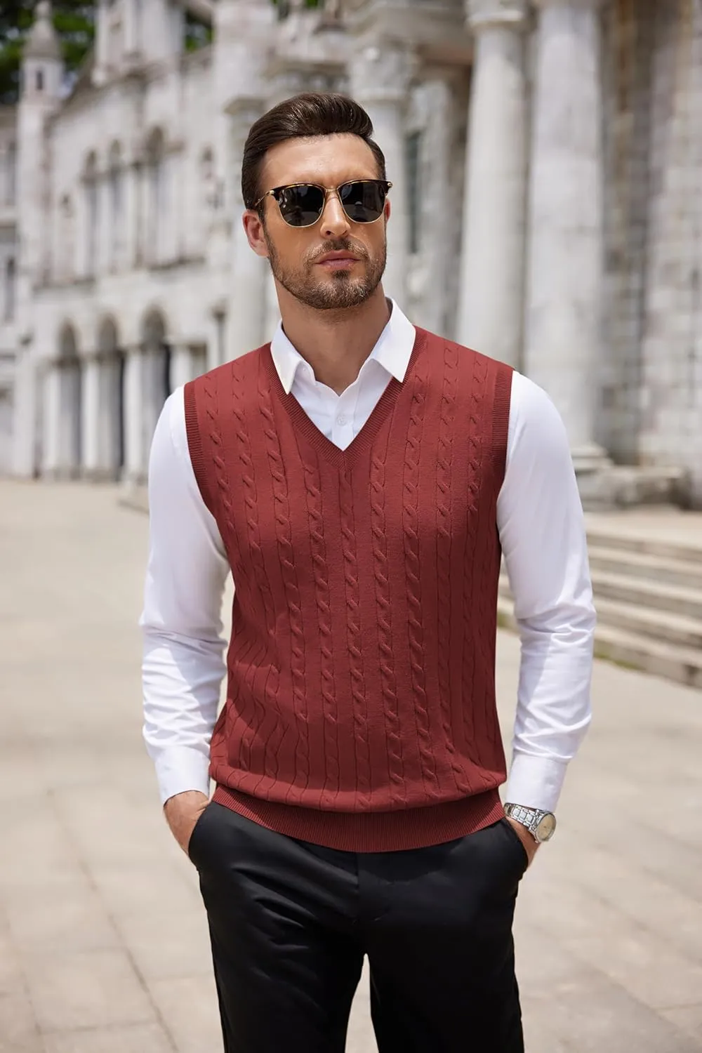 COOFANDY Men's Sweater Vest V Neck Slim Fit Cable Knitted Sleeveless Pullover Sweater