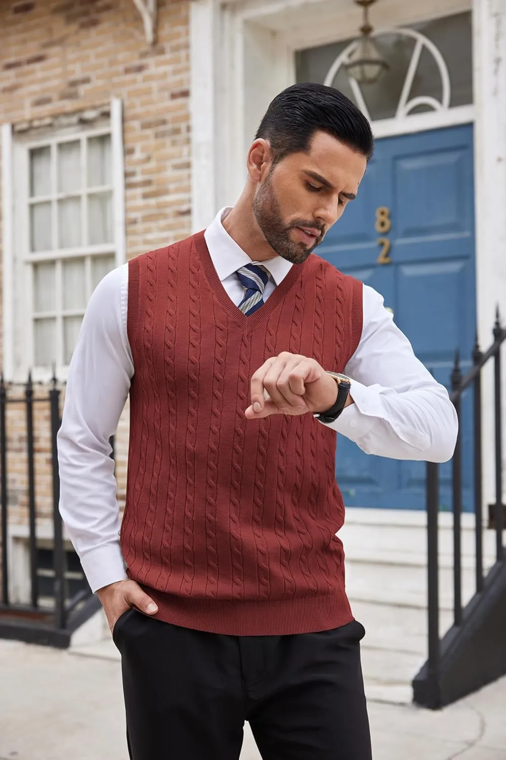 COOFANDY Men's Sweater Vest V Neck Slim Fit Cable Knitted Sleeveless Pullover Sweater