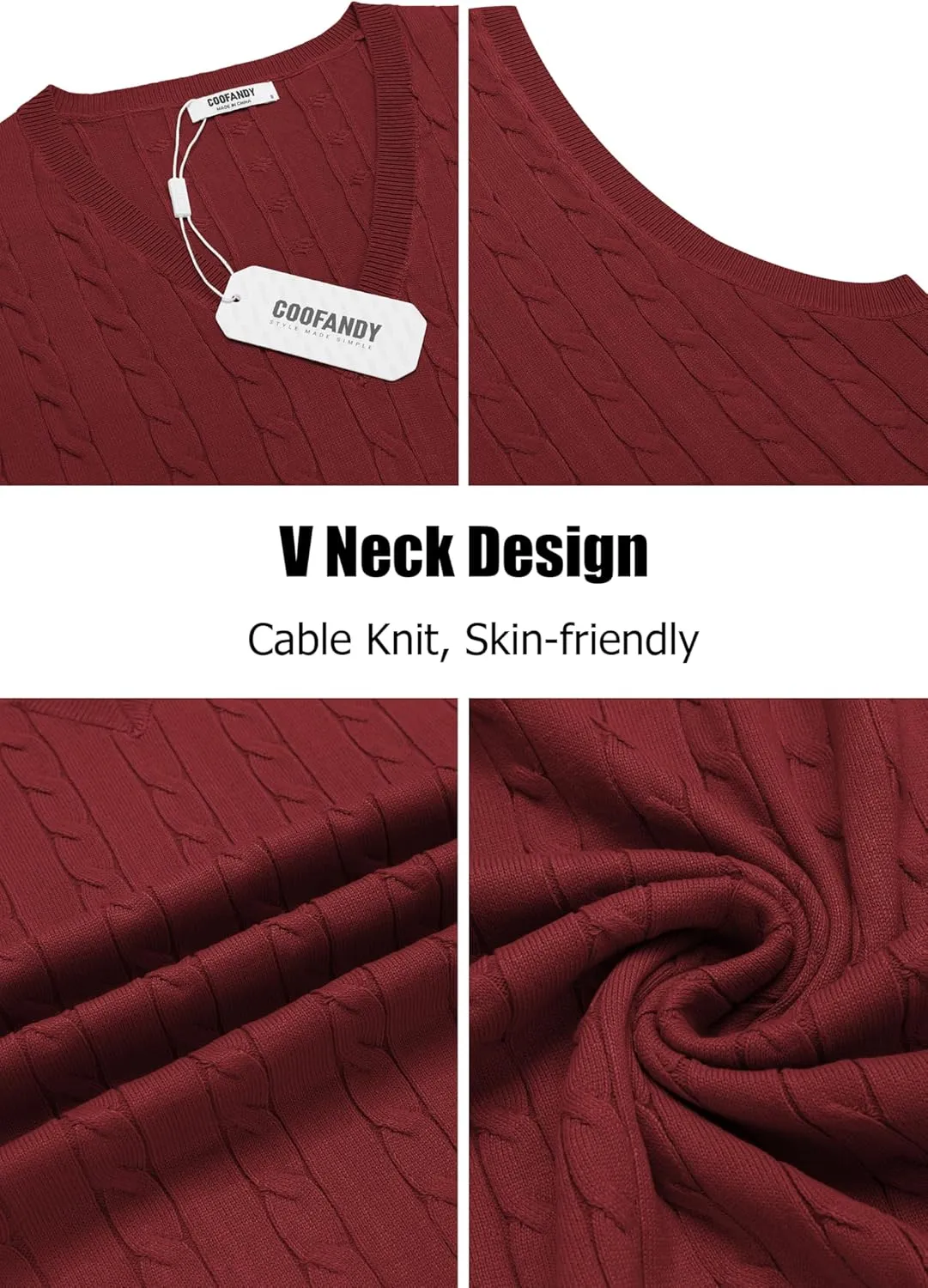COOFANDY Men's Sweater Vest V Neck Slim Fit Cable Knitted Sleeveless Pullover Sweater