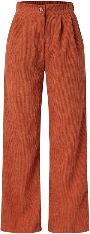 Corduroy Pants for Women Vintage High Waisted Wide Leg Bell Bottom Pants Loose Comfort Casual Trousers with Pockets