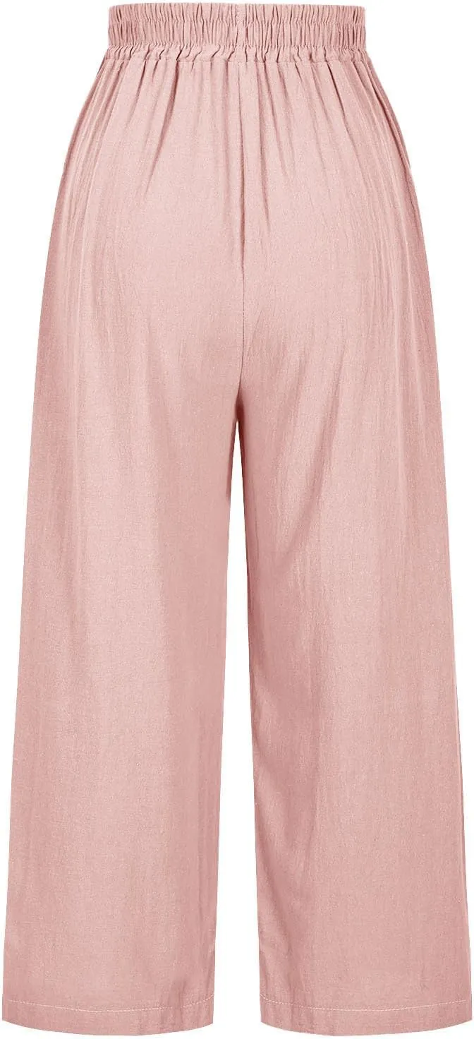 Cotton Linen Crop Pants Women Elastic Waist Vintage Floral Embroidered Cropped Trousers Wide Leg Pants with Pockets